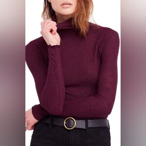 Free People Make It Easy Thermal Turtleneck Top XS Midnight Plum Lettuce Edge